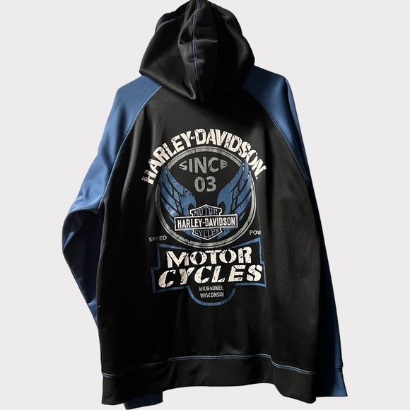 Harley Davidson Full Zip Black/Blue Long Sleeve Hoodie Size L - Picture 2 of 5